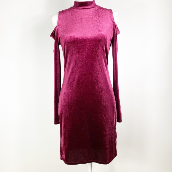 Ambiance Burgundy Velvet Cold Shoulder Long Sleeve Dress Size Large - Picture 1 of 6